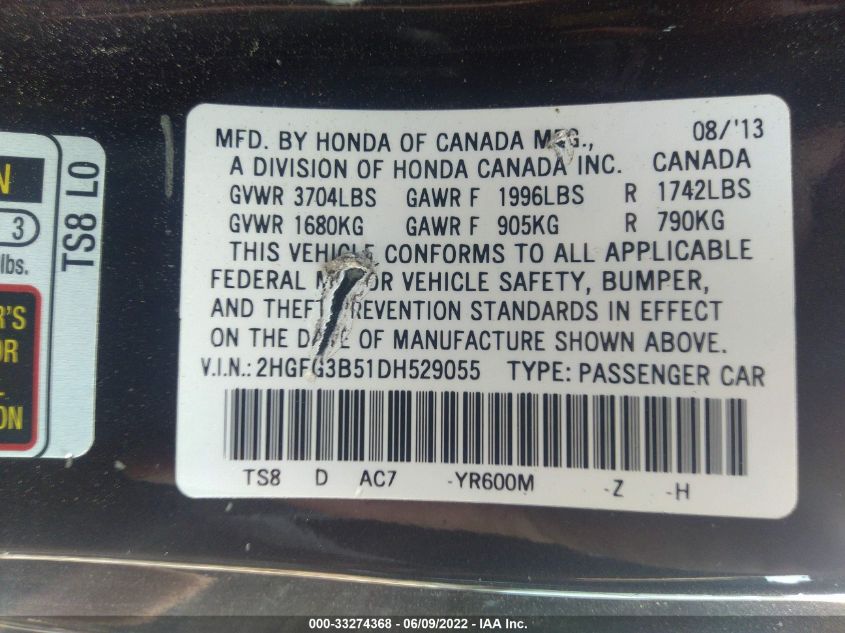 2013 HONDA CIVIC CPE LX 2HGFG3B51DH529055