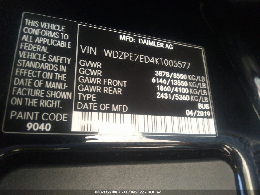 2019 MERCEDES-BENZ SPRINTER PASSENGER VAN WDZPE7ED4KT005577