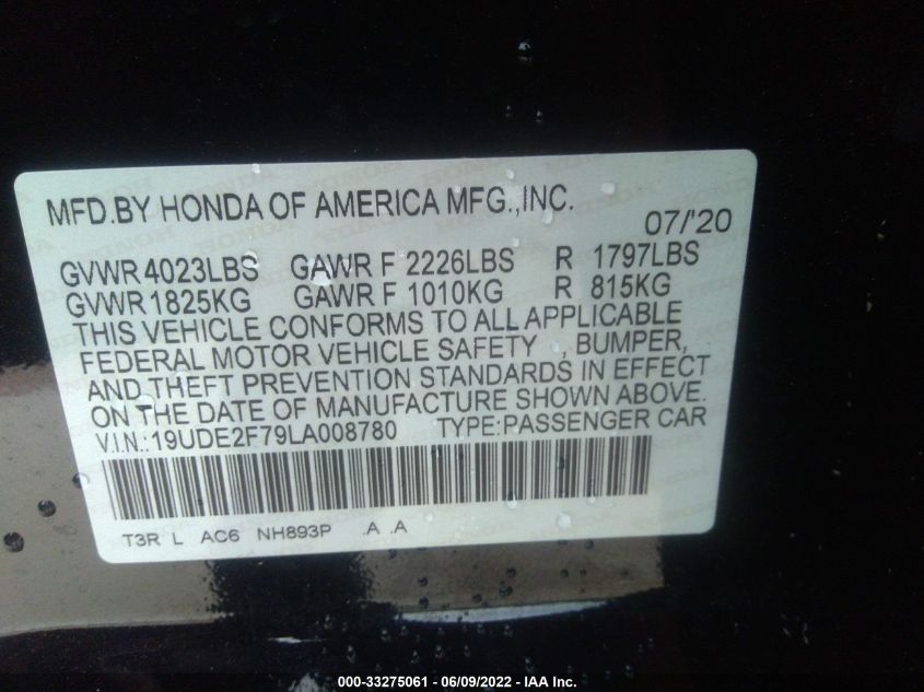 2020 ACURA ILX PKG 19UDE2F79LA008780