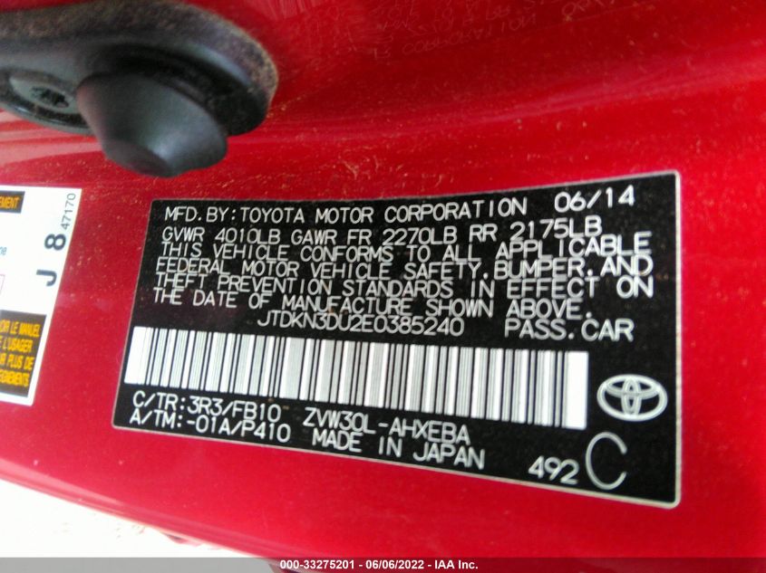 2014 TOYOTA PRIUS FOUR/FIVE/THREE/ONE/TWO JTDKN3DU2E0385240