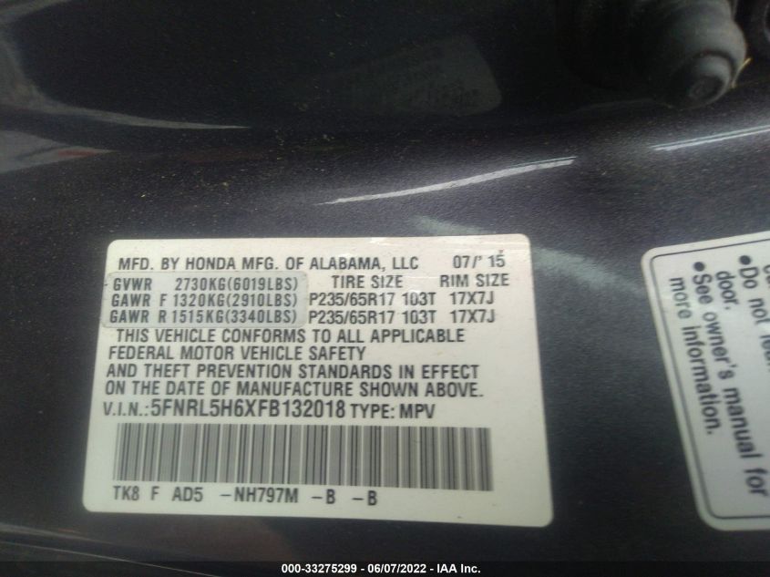 2015 HONDA ODYSSEY EX-L 5FNRL5H6XFB132018