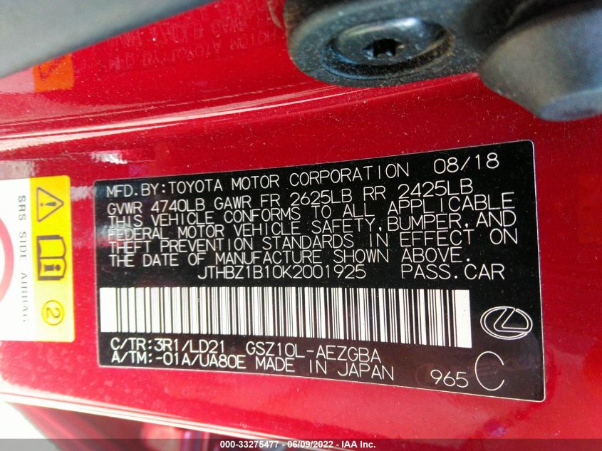 2019 LEXUS ES ES 350 JTHBZ1B10K2001925