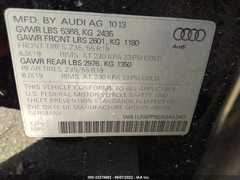 2014 AUDI Q5 PREMIUM PLUS WA1LFAFP9EA044340
