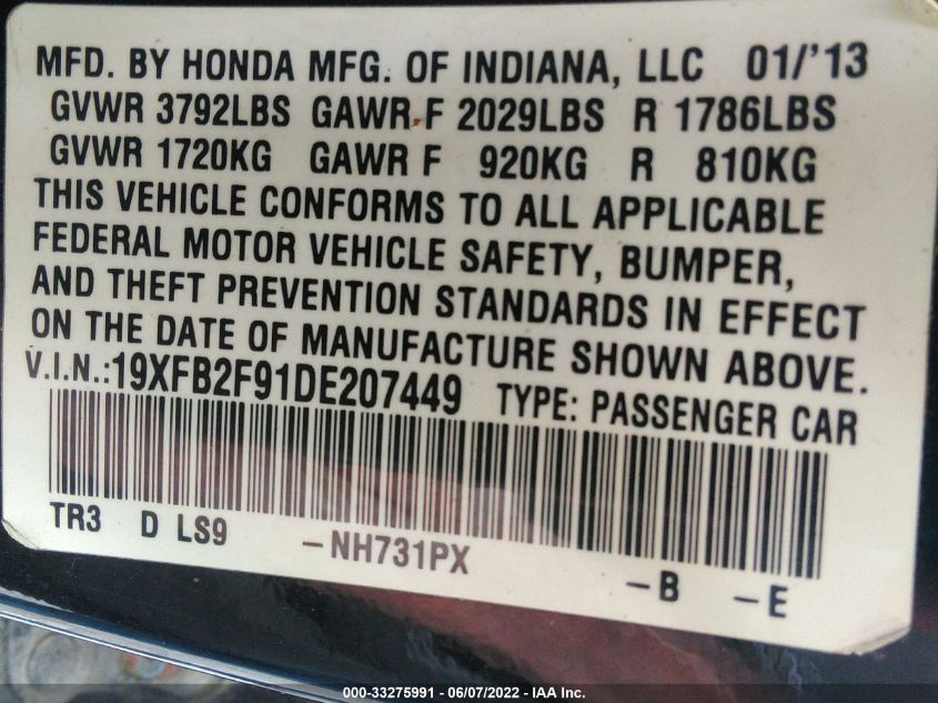 2013 HONDA CIVIC SDN EXL 19XFB2F91DE207449