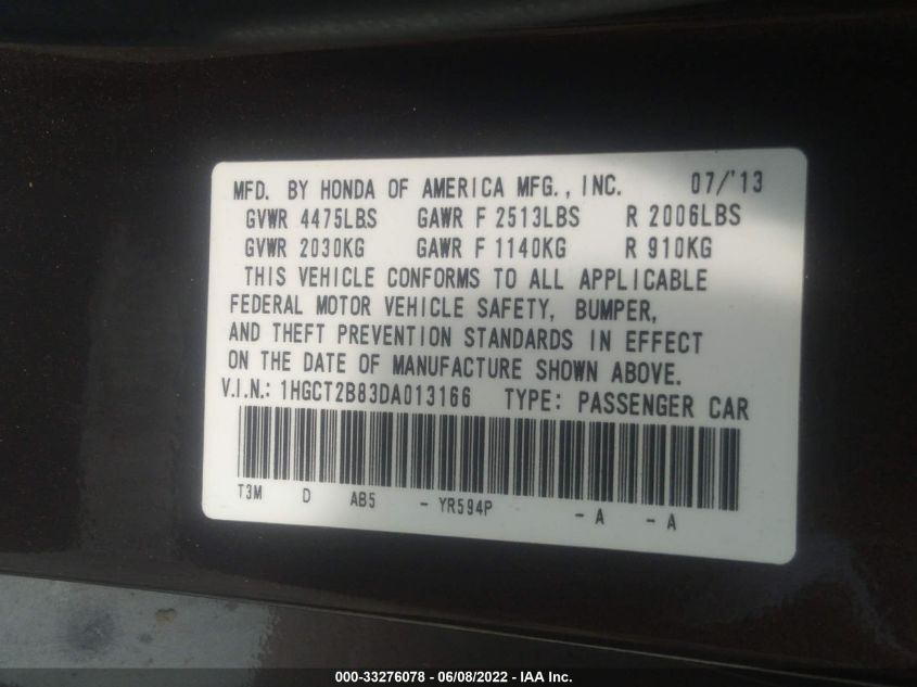 2013 HONDA ACCORD CPE EX-L 1HGCT2B83DA013166