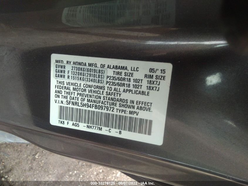 2015 HONDA ODYSSEY TOURING/TOURING ELITE 5FNRL5H94FB097972