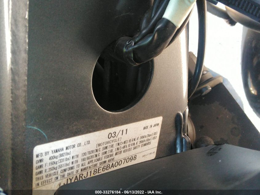 2011 YAMAHA FZ6 R JYARJ18E6BA007098