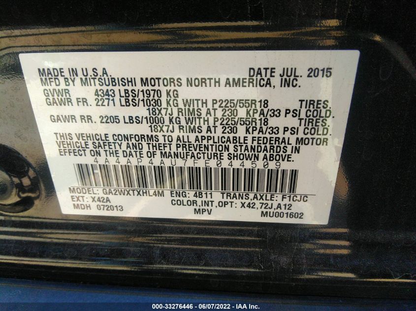 2015 MITSUBISHI OUTLANDER SPORT SE/GT 4A4AP4AU7FE044509