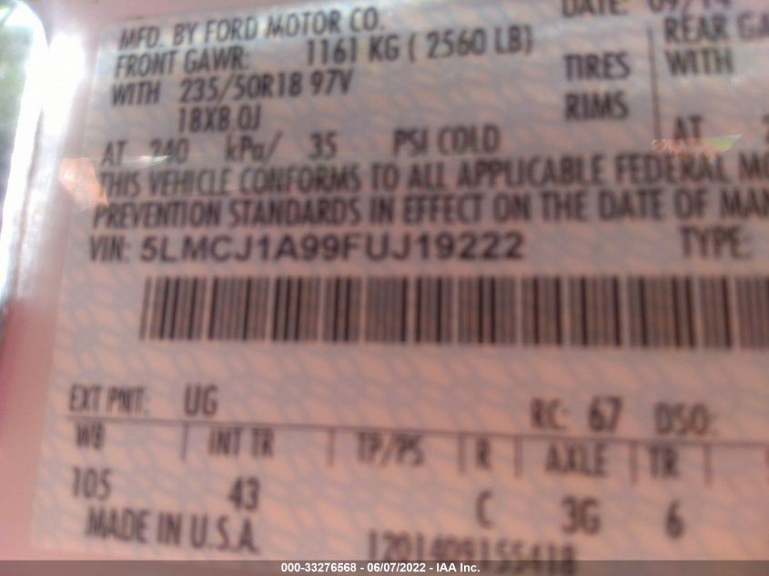 2015 LINCOLN MKC 5LMCJ1A99FUJ19222