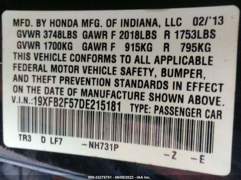2013 HONDA CIVIC SDN LX 19XFB2F57DE215181