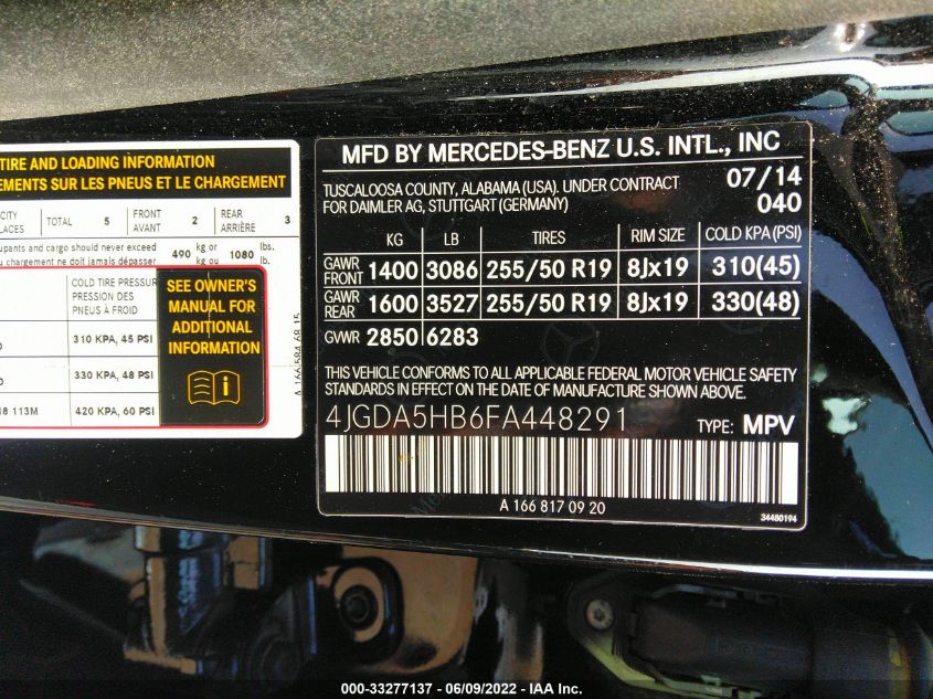 2015 MERCEDES-BENZ M-CLASS ML 350 4JGDA5HB6FA448291