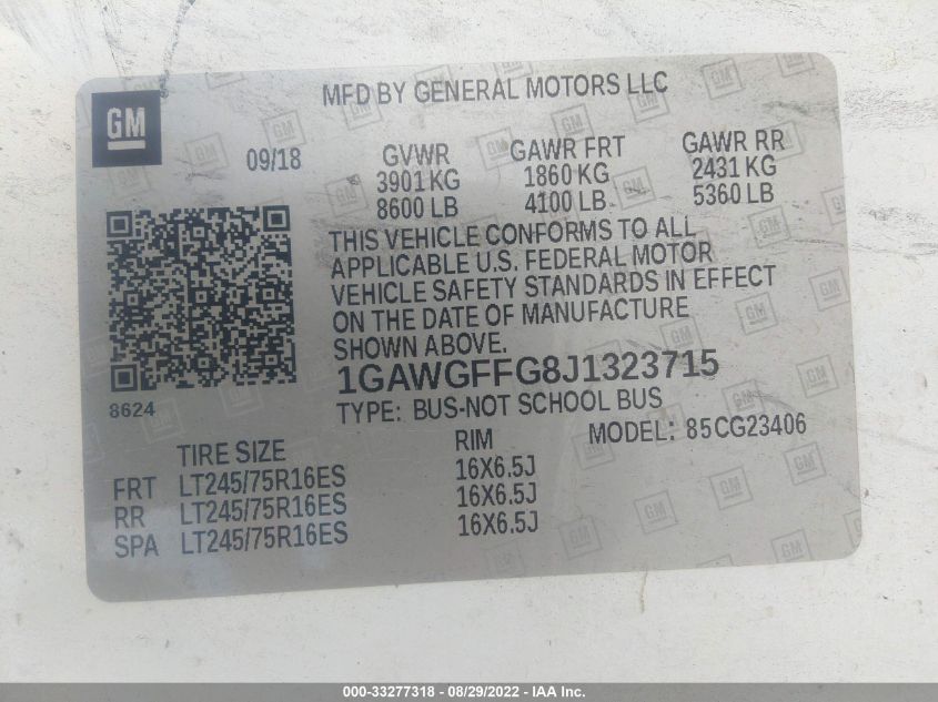 2018 CHEVROLET EXPRESS PASSENGER LT 1GAWGFFG8J1323715