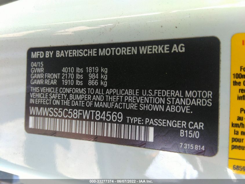2015 MINI COOPER PACEMAN S WMWSS5C58FWT84569