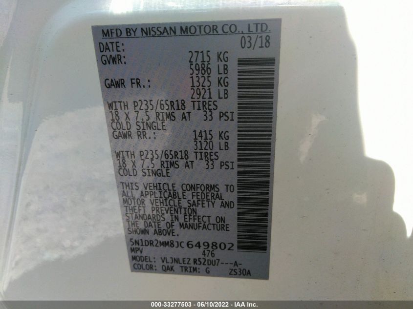 2018 NISSAN PATHFINDER SV 5N1DR2MM8JC649802