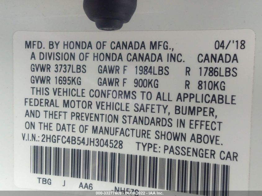 2018 HONDA CIVIC COUPE LX 2HGFC4B54JH304528