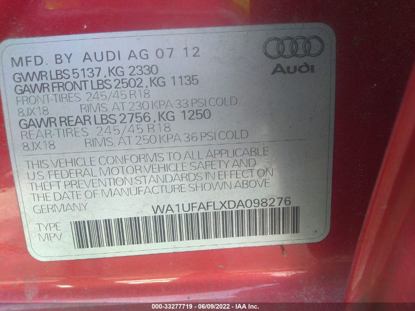 2013 AUDI ALLROAD PREMIUM PLUS WA1UFAFLXDA098276