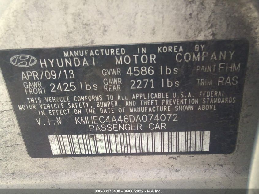 2013 HYUNDAI SONATA HYBRID KMHEC4A46DA074072