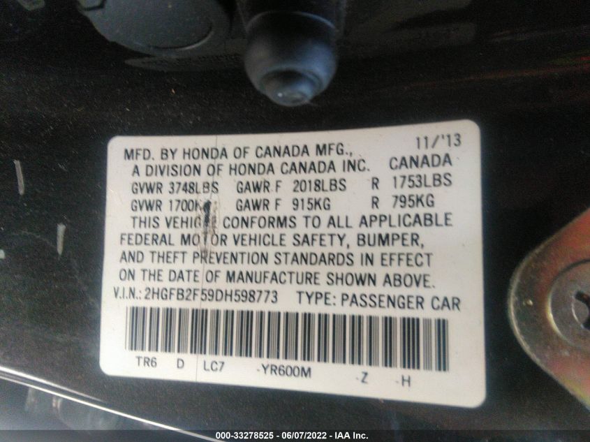 2013 HONDA CIVIC SDN LX 2HGFB2F59DH598773