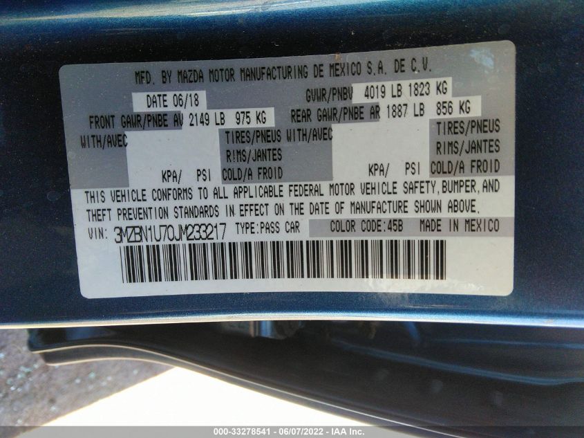 2018 MAZDA MAZDA3 4-DOOR SPORT 3MZBN1U70JM233217