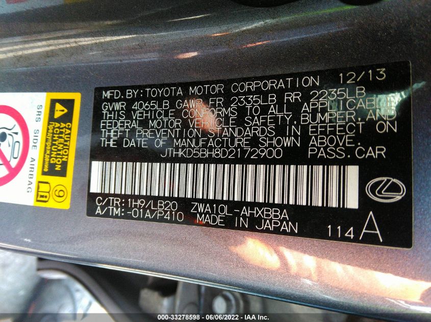 2013 LEXUS CT 200H HYBRID JTHKD5BH8D2172900