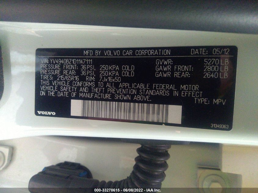 2013 VOLVO XC70 3.2L YV4940BZ1D1147111