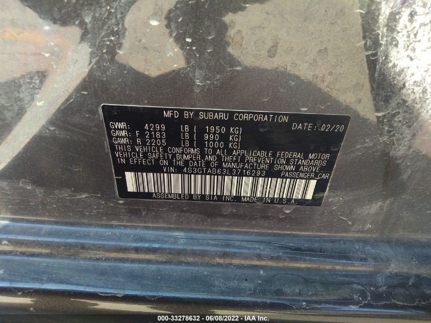 2020 SUBARU IMPREZA 4S3GTAB63L3716293