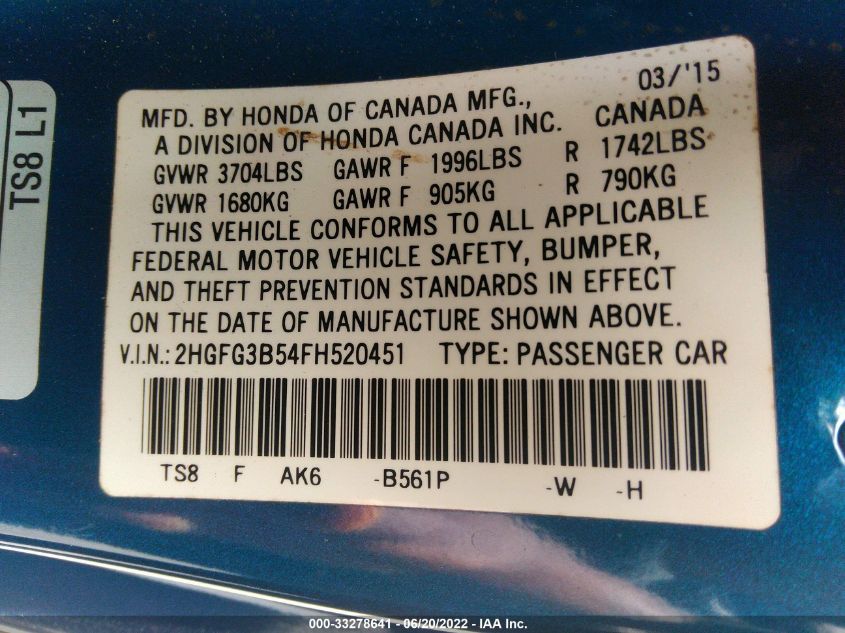 2015 HONDA CIVIC COUPE LX 2HGFG3B54FH520451
