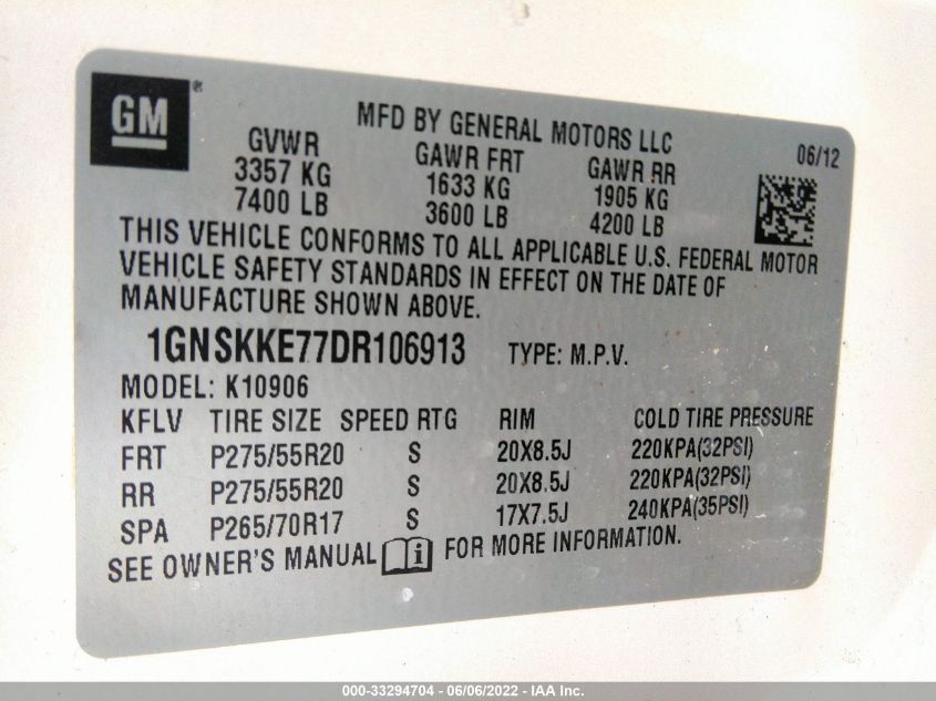 2013 CHEVROLET SUBURBAN LTZ 1GNSKKE77DR106913