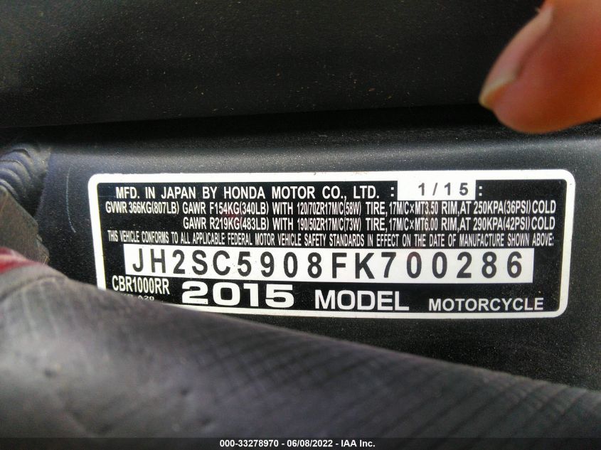 2015 HONDA CBR1000 RR JH2SC5908FK700286