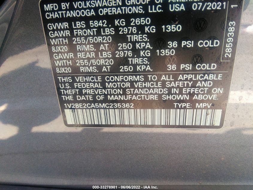 2021 VOLKSWAGEN ATLAS CROSS SPORT 3.6L V6 SEL 1V2BE2CA5MC235362