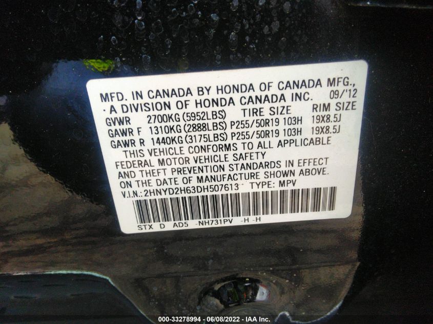 2013 ACURA MDX ADVANCE PKG 2HNYD2H63DH507613
