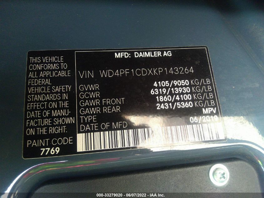 2019 MERCEDES-BENZ SPRINTER VAN WD4PF1CDXKP143264