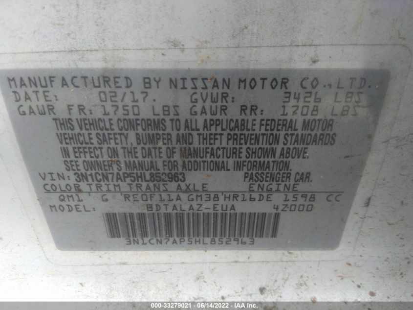 2017 NISSAN VERSA SEDAN S PLUS 3N1CN7AP5HL852963