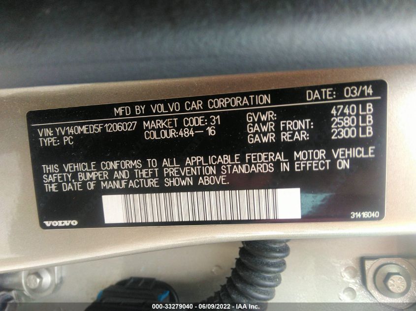2015 VOLVO V60 T5 DRIVE-E PLATINUM YV140MED5F1206027