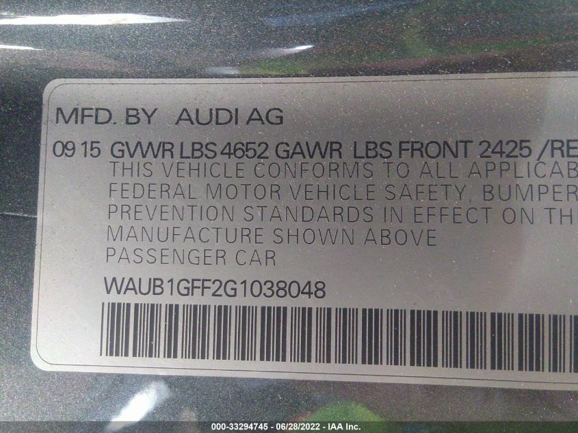 2016 AUDI S3 PREMIUM PLUS WAUB1GFF2G1038048