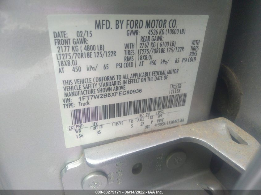 2015 FORD SUPER DUTY F-250 SRW SUPER DUTY 1FT7W2B6XFEC80936