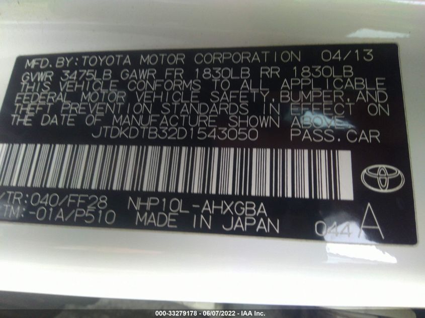 2013 TOYOTA PRIUS C JTDKDTB32D1543050