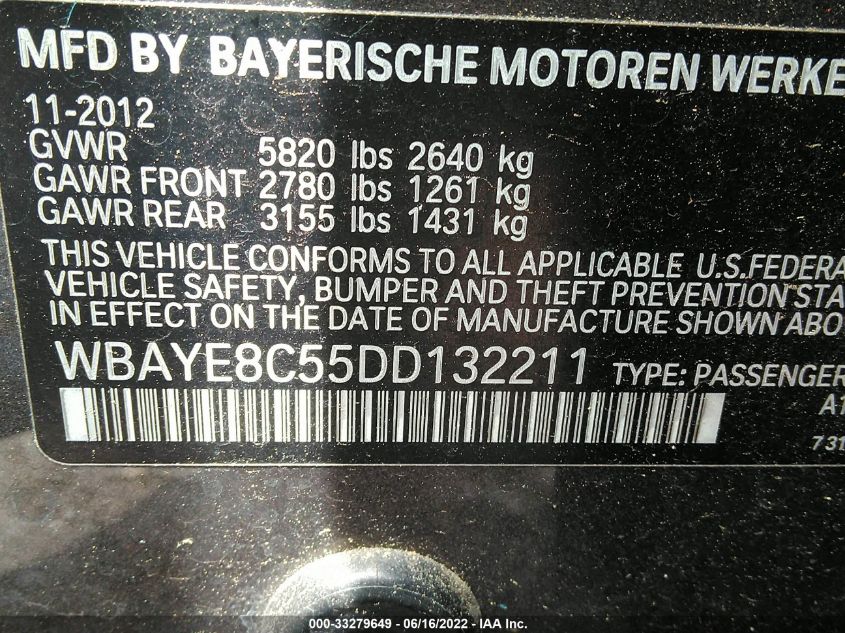 2013 BMW 7 SERIES 750LI WBAYE8C55DD132211