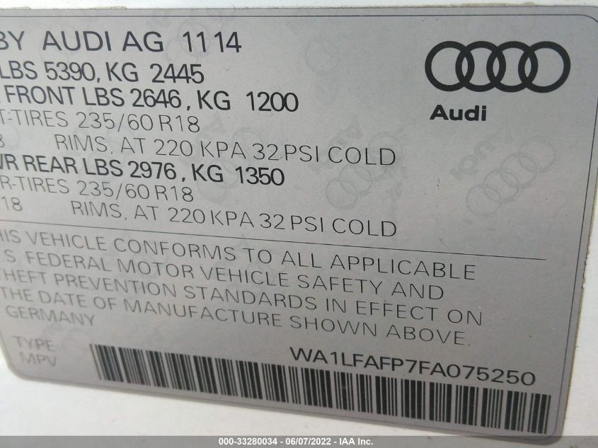 2015 AUDI Q5 PREMIUM PLUS WA1LFAFP7FA075250