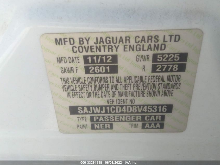 2013 JAGUAR XJ SAJWJ1CD4D8V45316