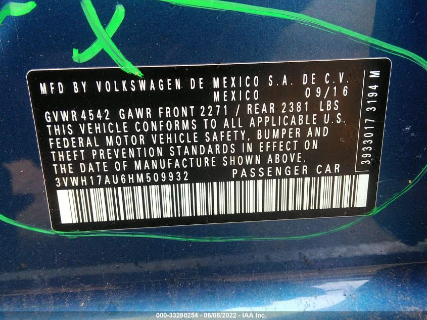2017 VOLKSWAGEN GOLF ALLTRACK S/SE/SEL 3VWH17AU6HM509932