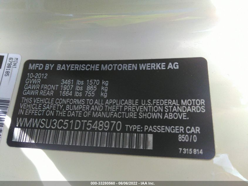 2013 MINI COOPER HARDTOP WMWSU3C51DT548970
