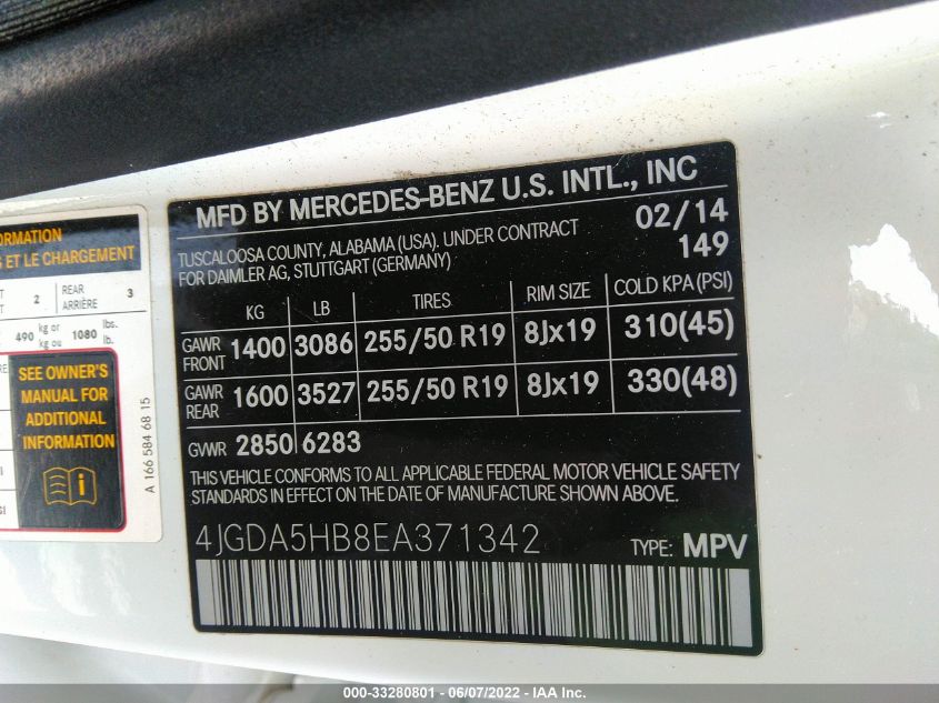2014 MERCEDES-BENZ M-CLASS 350 4MATIC 4JGDA5HB8EA371342