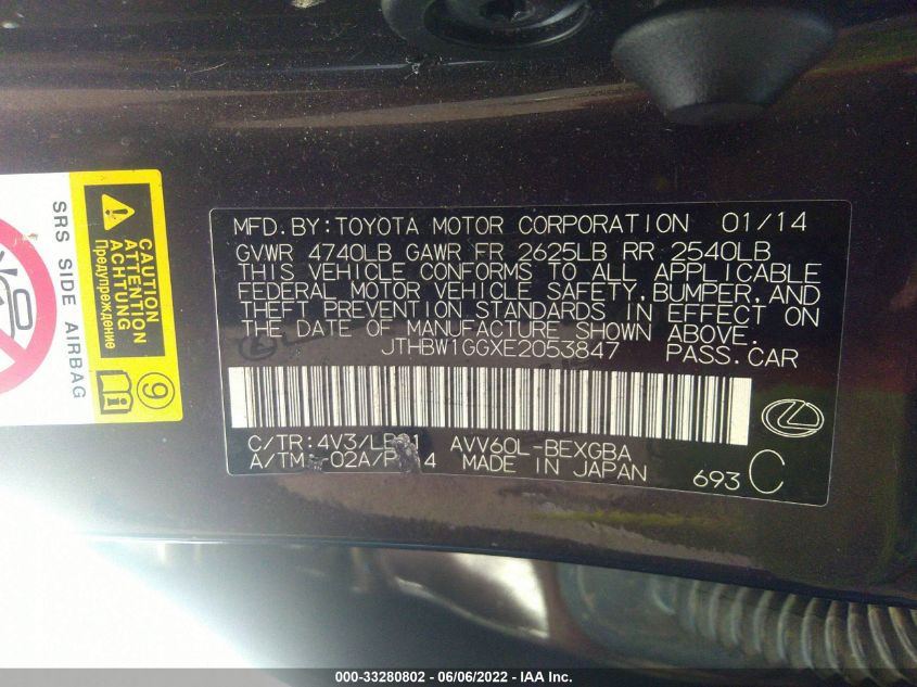 2014 LEXUS ES 300H HYBRID JTHBW1GGXE2053847