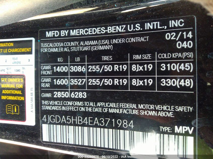 2014 MERCEDES-BENZ M-CLASS ML 350 4JGDA5HB4EA371984