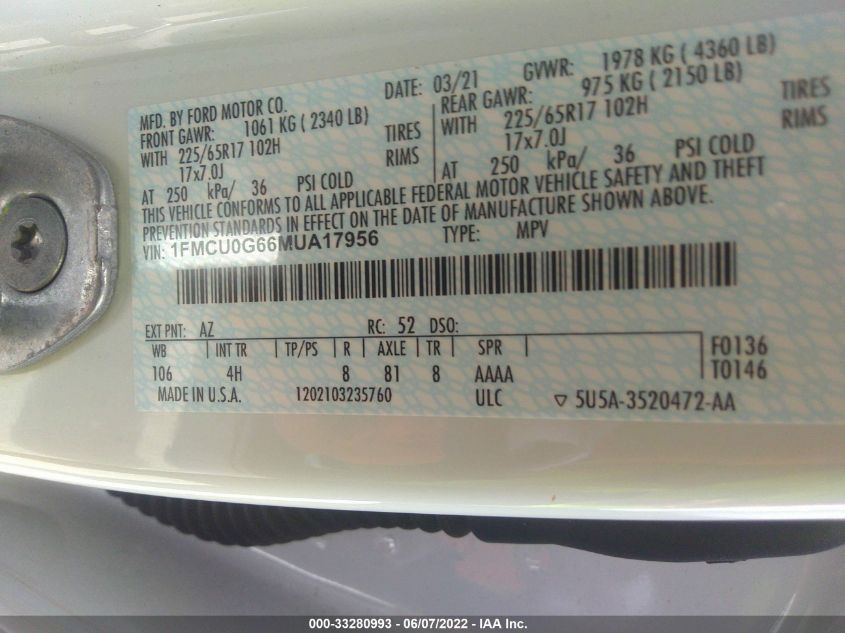 1FMCU0G66MUA17956 2021 FORD ESCAPE, photo no. 9