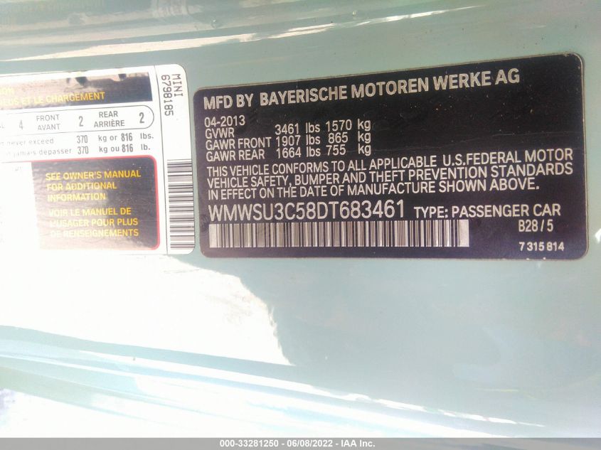 2013 MINI COOPER HARDTOP WMWSU3C58DT683461