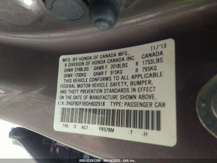 2013 HONDA CIVIC SDN LX 2HGFB2F59DH602918