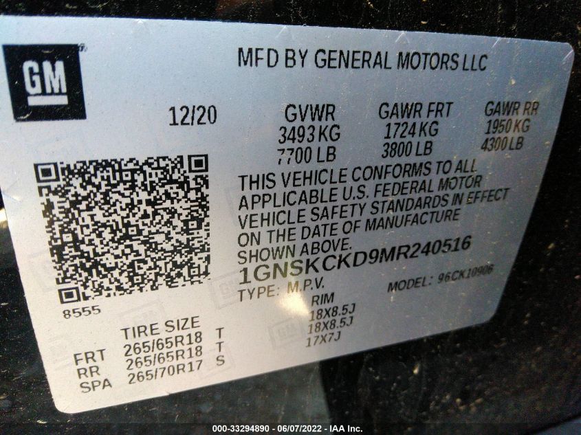 2021 CHEVROLET SUBURBAN LT 1GNSKCKD9MR240516