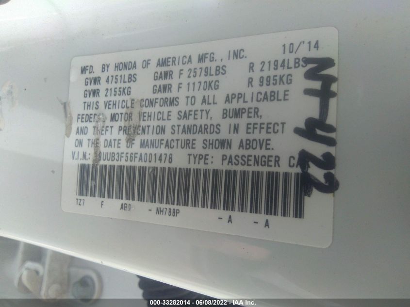 2015 ACURA TLX V6 TECH 19UUB3F56FA001478